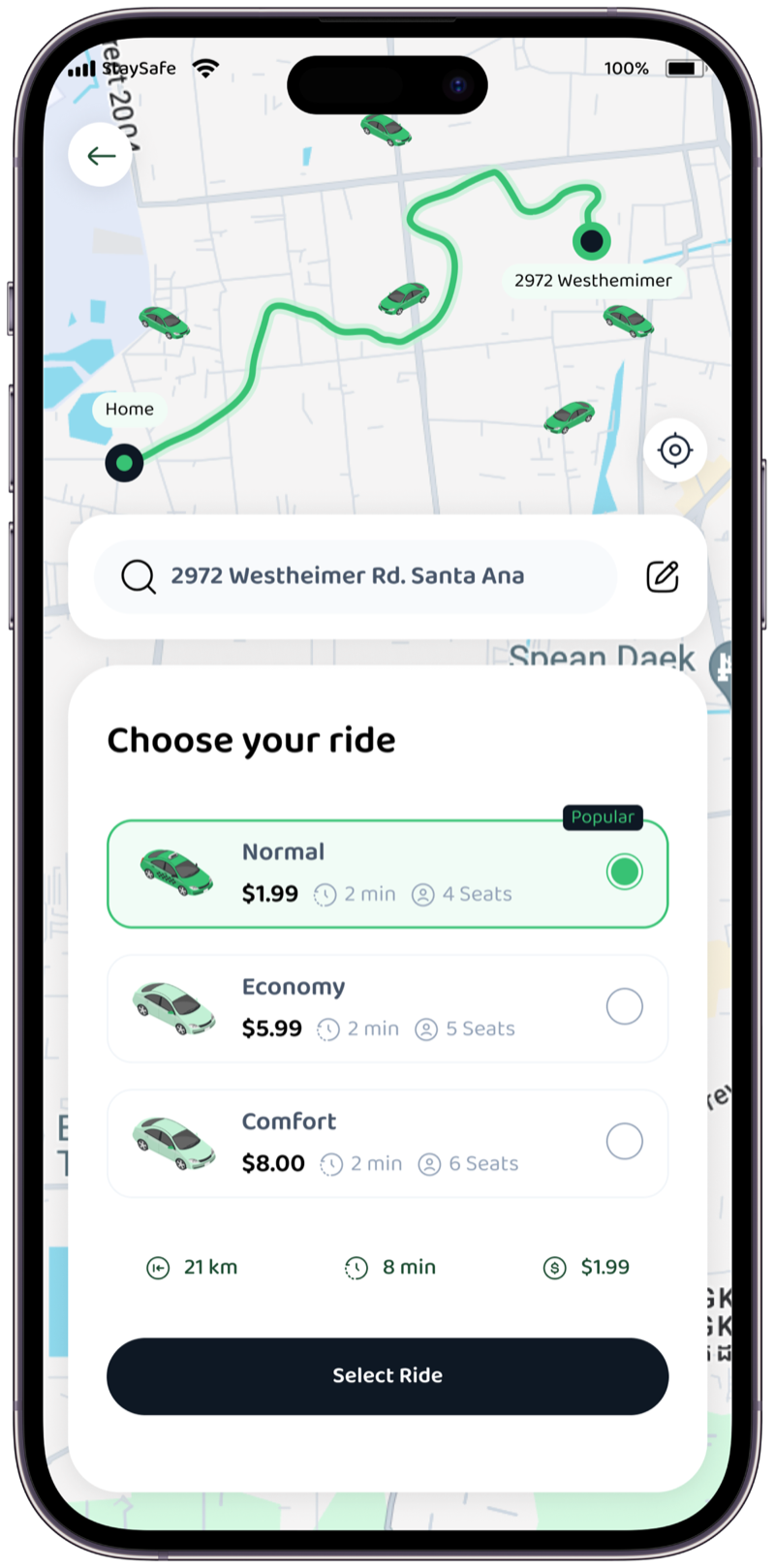 Transport and mobility app by Furkan Ahmad — ride selection screen