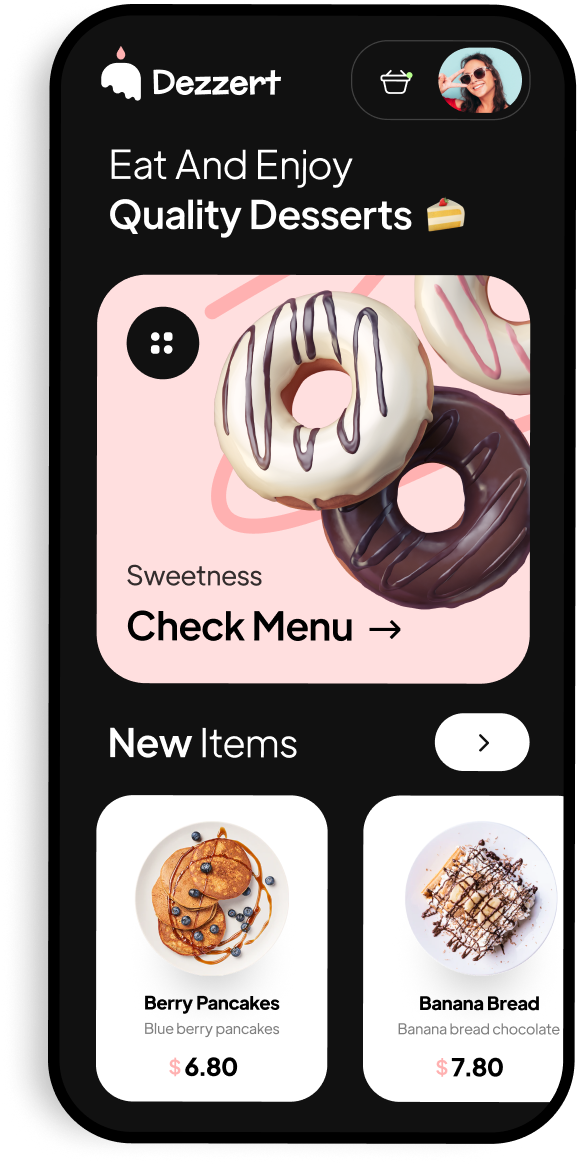 Desserts and coffee ordering app by Furkan Ahmad — menu home screen
